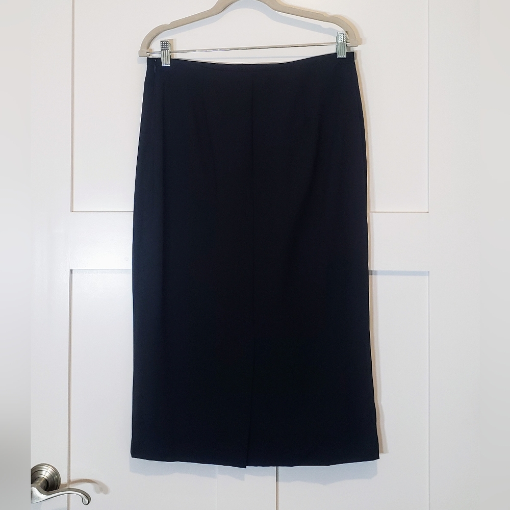 Eileen Fisher Wool Pencil Skirt Black Stretch Italian Fabric 9" Rear Slit Small